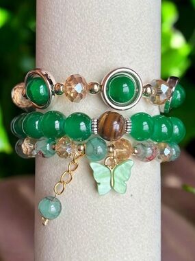 Tiger Eye and Butterfly Charm Beaded 3 Pieces Stretch Bracelet Set